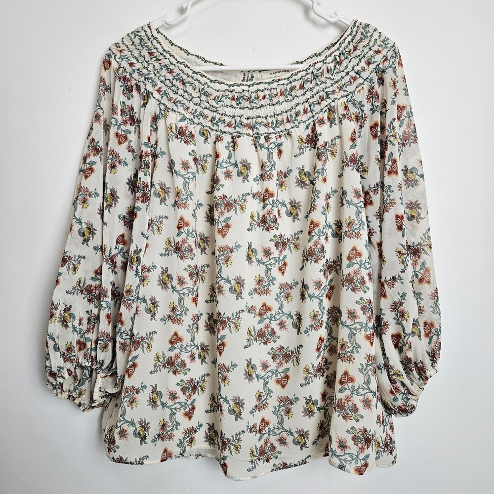 Max Studio Blouse Womens Size XS Smocked Neck Sheer Lined Muted Floral Cottage